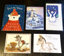 Vintage Christmas Card Assortment of 5 Donkey, Snowman, Bear Used and Unused Env