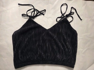 Express Black Accordion Crinkle Crop Top XS Black Tie Spaghetti Strap V-neck