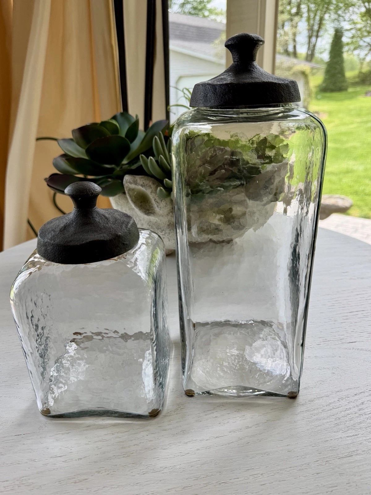 SET/2, CLEAR GLASS CANNISTER JARS WITH ROUND METAL LIDS