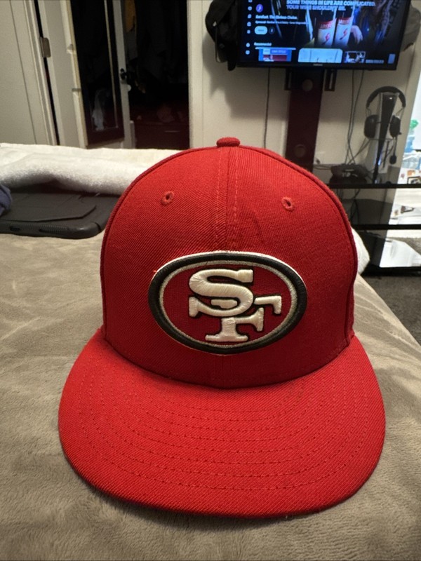 San Francisco 49ers Hat Cap Fitted 7 3/8 Red Black Logo NFL Super Bowl New Era
