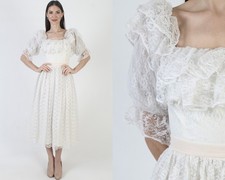 Vtg Roberta White Lace Wedding Dress Victorian Cottagecore Prairie Bridal Gown