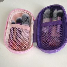 Makeup Brush Set Travel Case Pink Purple Synthetic Fiber Angled Flat Round