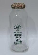Vintage A &P Glass Orange Juice Bottle w Lid 32 Oz. Red Letters