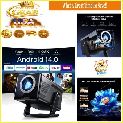 Native 1080P 4K Supported Portable Smart Video Projector 2000 ANSI WiFi Bluet...