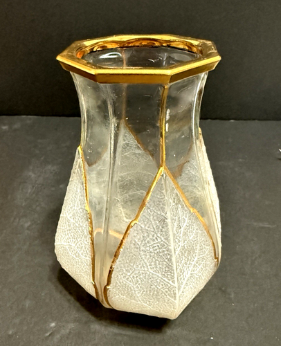 Arcoroc Aspen Leaf Vase Frost klar & gold vergoldet achteckiger Rand 6,5" hoch 4" breit 1970er - Bild 4 von 12