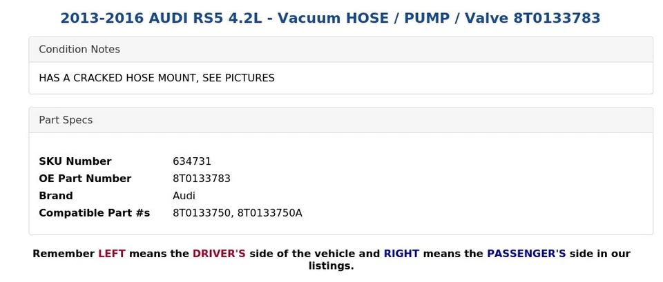 2013-2016 AUDI RS5 4.2L - Vacuum HOSE / PUMP / Valve 8T0133783 - Image 4 of 4