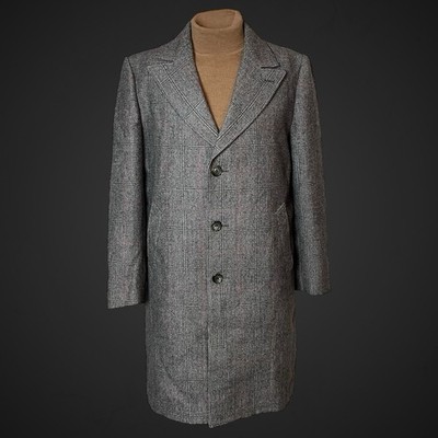 Vintage Herren Mantel Coat 44 French Peak Revers Pure Wool Grau Rot Kariert Tweed