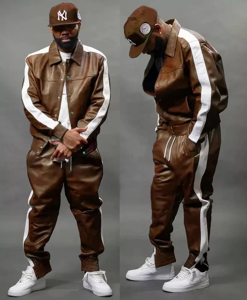 Conjunto completo de pantalones y chaqueta de chándal de cuero marrón hecho a mano para correr ropa de gimnasio para hombre Foto 3 de 4