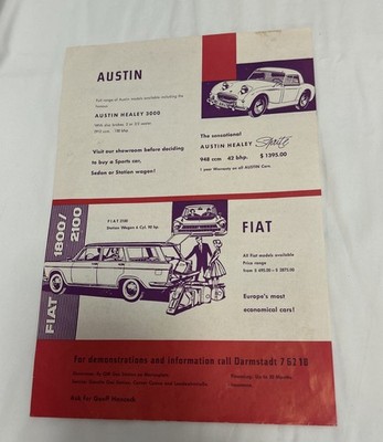 Rare 1950s Vintage Austin Healey Fiat Peugeot Citroen DS19 Auto Ad Brochure 