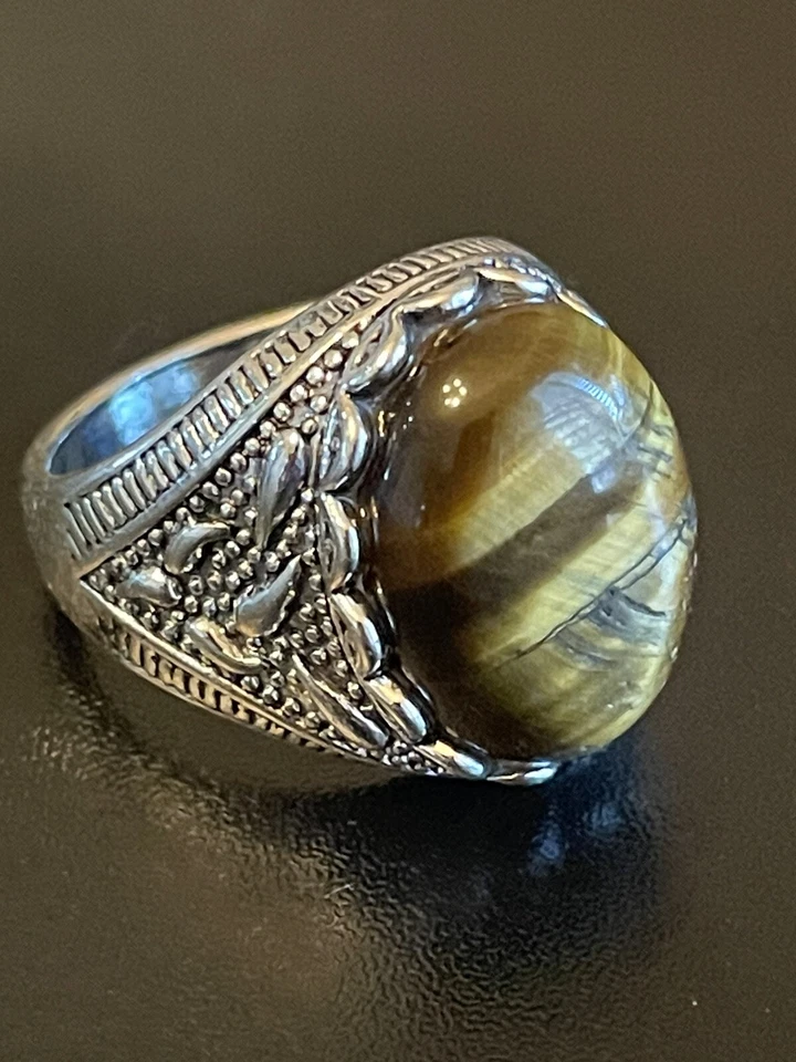 Genial anillo llamativo ojo de tigre piedra S925 plateado para hombre talla 10 Foto 2 de 4