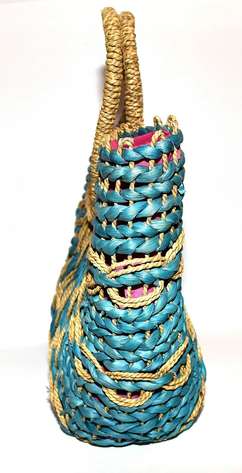 Braided Natural & Dyed Turquoise Genuine Straw Pink Cloth Lining Large Tote Bag - Image 4 of 4