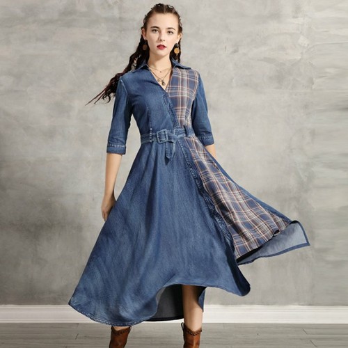 Elegante vestito abito donna lungo azzurro denim jeans cowboy bohemian 4284  | eBay