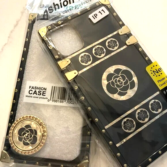 Glitter Bling Black Gold Flower Phone Case with Ring for iPhone 11-image