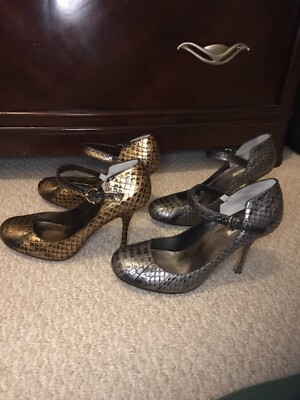 MaxStudio Genuine Snakeskin Women Mary Jane Pump 7.5 M Gold Grey Gray New