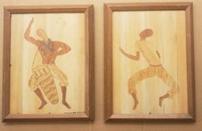 (2) Vintage JOSEPH DORIEL Haitian Hand Carved Wood Naif Folk Art Wall Plaque 