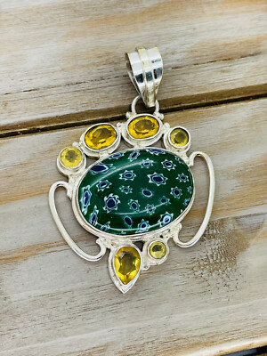 Sterling Silver Green Murano Floral Design & Light Orange Necklace Pendant