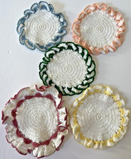 VINTAGE COTTON CROCHETED DOILIES COASTERS HOT PADS RUFFLED EDGE LOT OF 5 COLORS