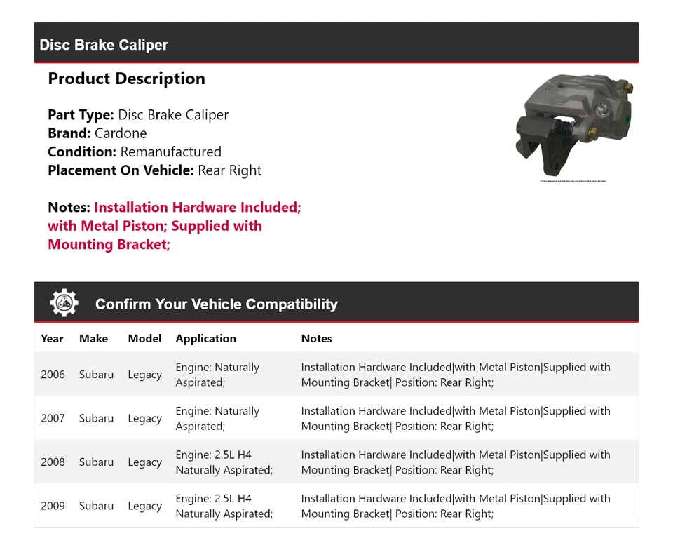 For 2006-2009 Subaru Legacy Disc Brake Caliper Rear Right Cardone 2007 2008 - Image 2 of 4