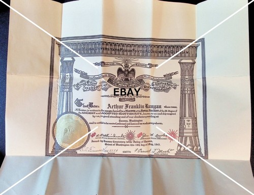 1945 Certificate Master Scottish Rite Freemason Arthur Franklin Runyan Tacoma WA - Picture 2 of 2