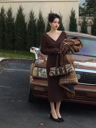 Vestido midi tejido para mujer cuello en V elegante suéter vestidos invierno damas - Imagen 16 de 30
