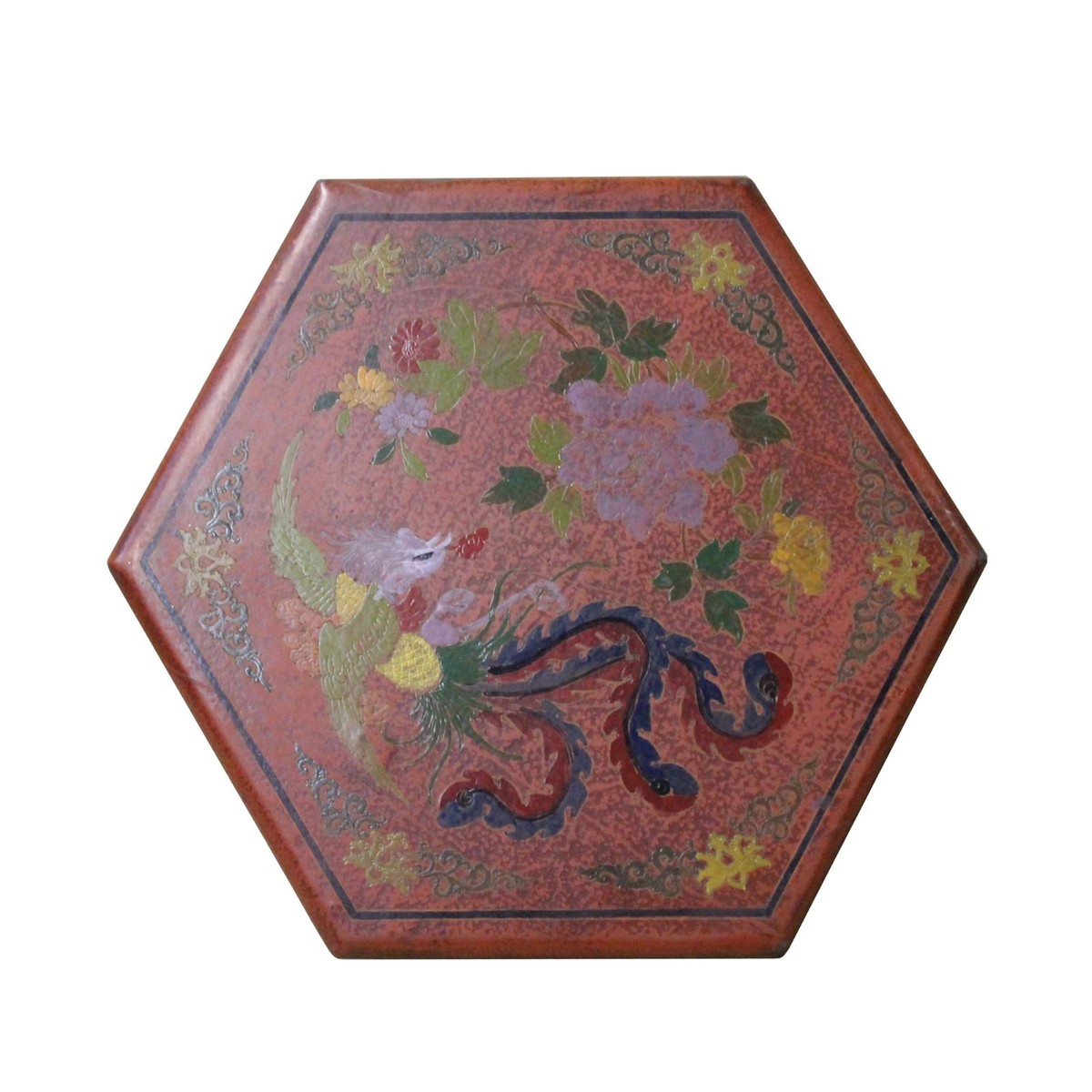 Chinese Distressed Brown Red Bird Graphic Hexagon Shape Box cs4666S Chinese Distressed Brown Red Bird Graphic Hexagon Shape Box cs4666S