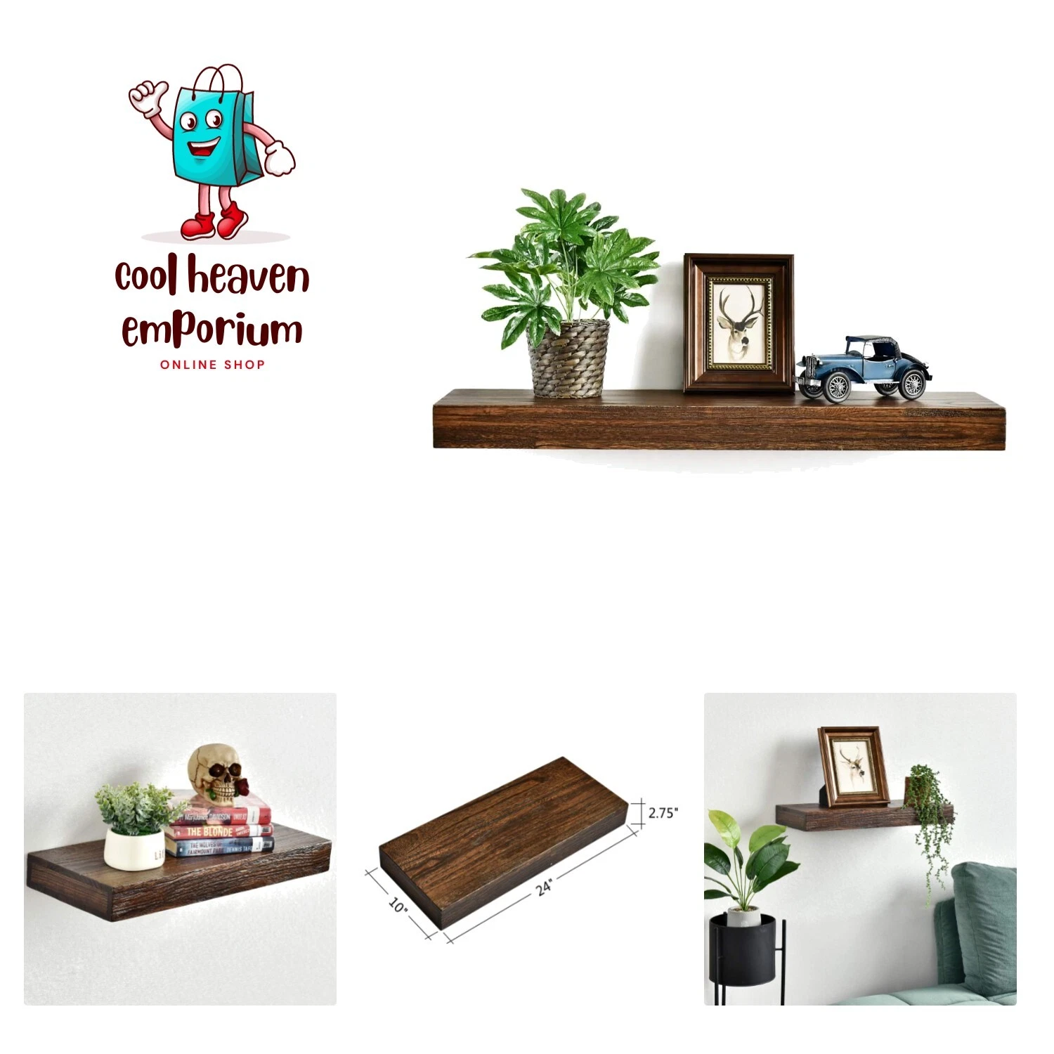 Colin 10" Deep Floating Shelves Rustic Wall Shelf Wall Mounted Wooden Shelves...