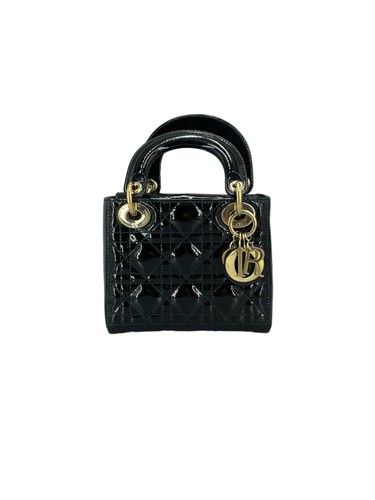 Dior Lady Dior Mini Black Patent Cannage Chain Shoulder Handbag Gold