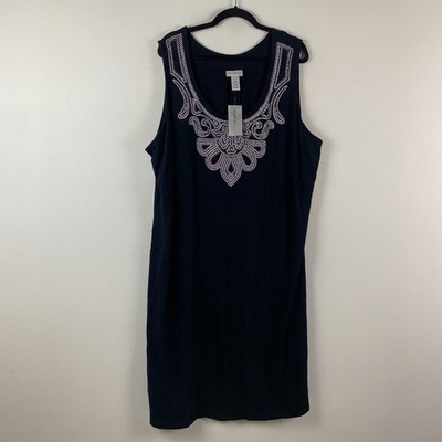 Catherines A-Line Sleeveless Midi Dress Size 3X Cotton Black Embellished Neck