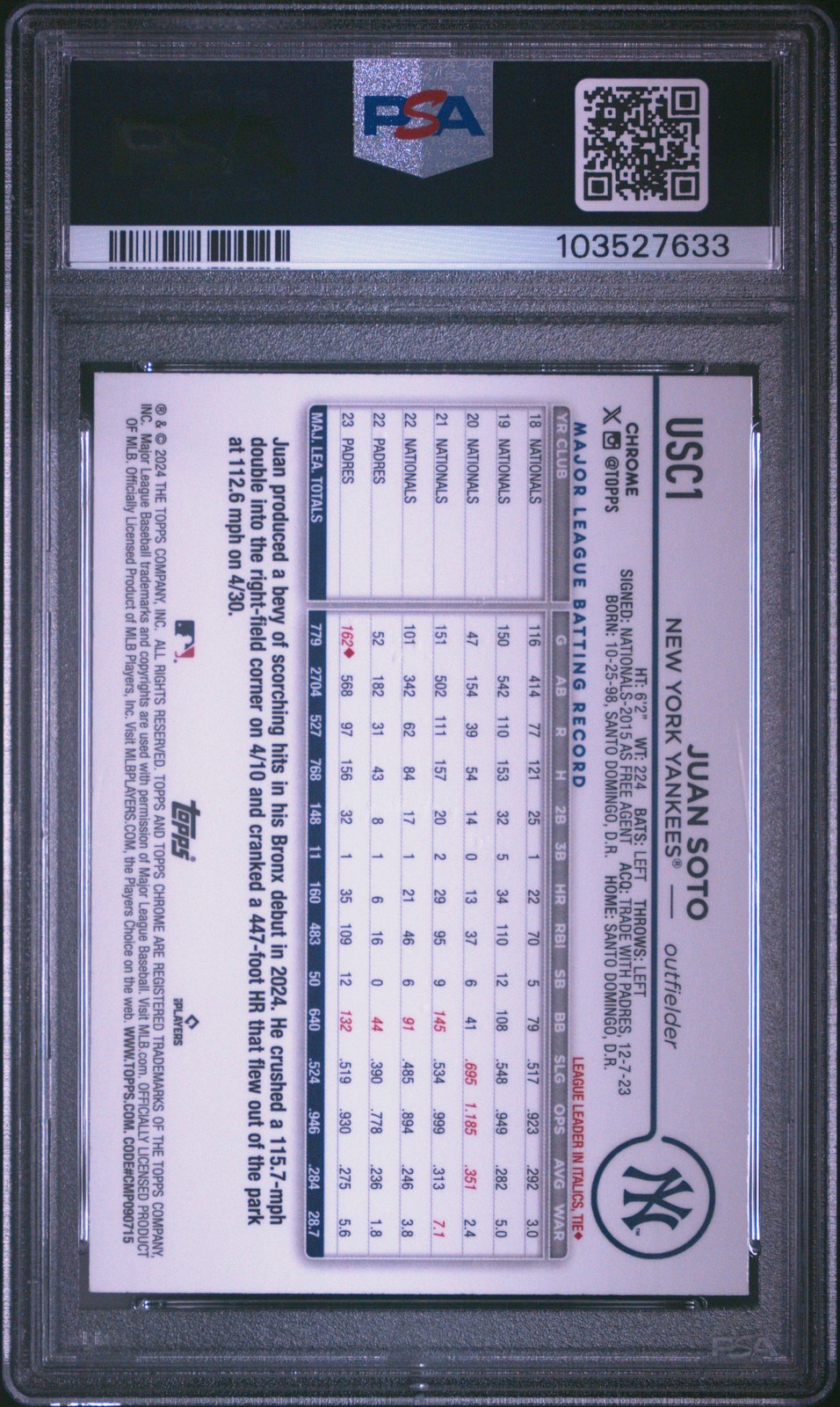 2024 TOPPS CHROME UPDATE X-FRACTOR #USC1 JUAN SOTO PSA 10 view 2