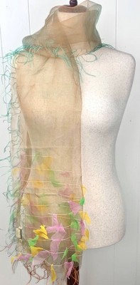 Bailou Byloom Handmade Woven Indian Silk Formal Pink Green Yellow Scarf Sari
