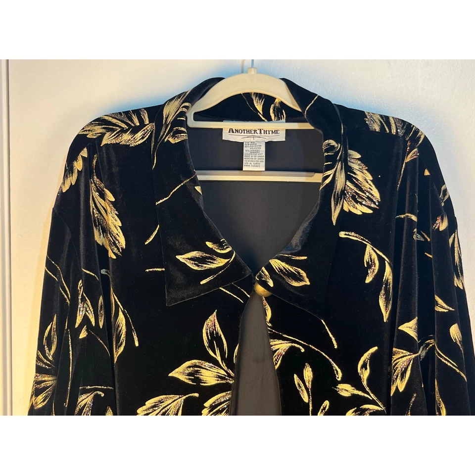 VTG Another Thyme Cardigan Jacket 4X Black Velvet Gold Glitter Leaves Whimsigoth - Image 2 of 4