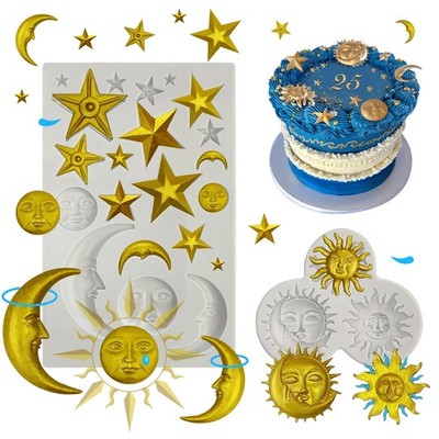 2 Pcs Sun Face Moon Star Silicone Molds Star Fondant Cake Molds Candy Polymer Cl