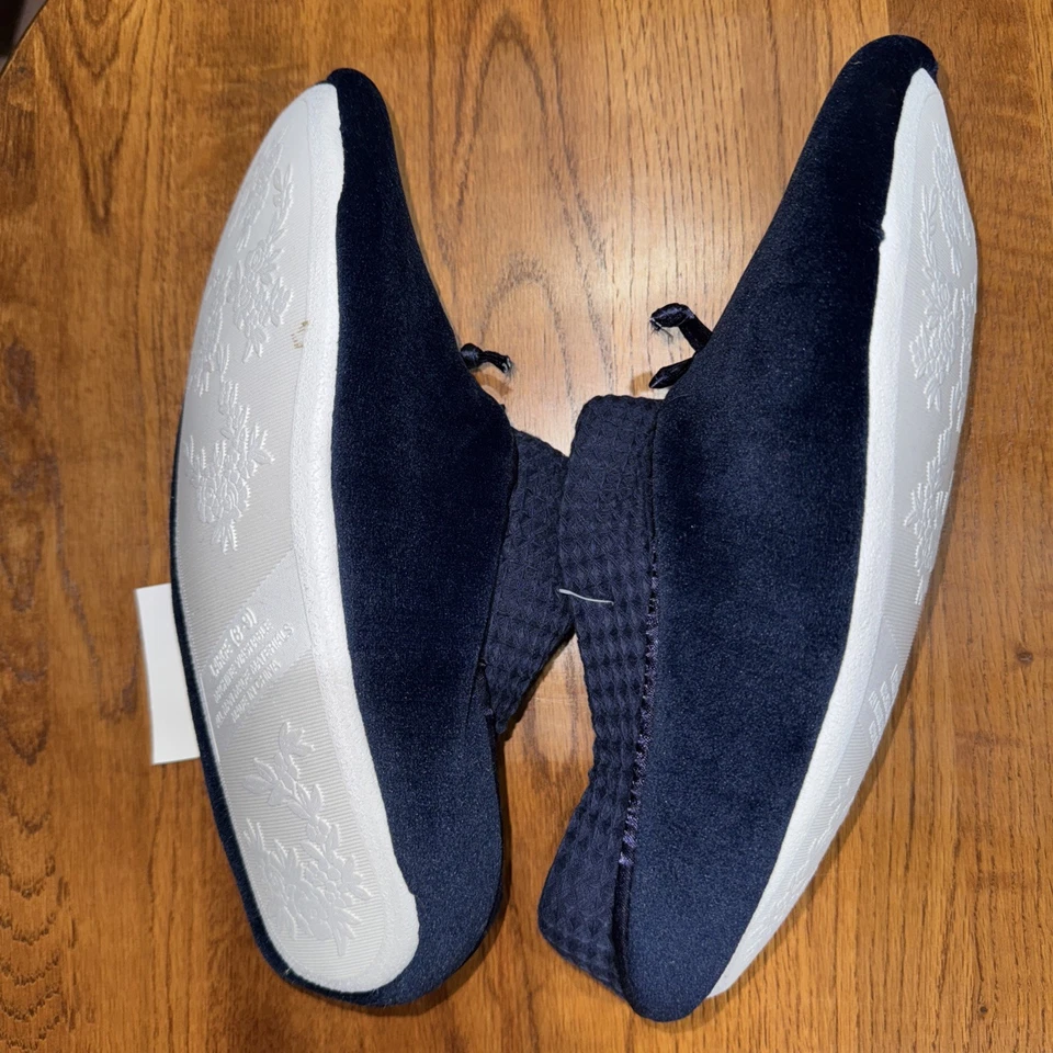 Womens Large 8-9 House Slippers, Navy Blue Quilted Vintage Cushkins, NWT 11” Foto 3 de 4