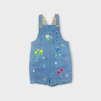 Mini Boden Bee Floral Applique Medium Wash Denim Shortalls