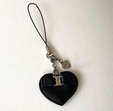 Salvatore Ferragamo Black Leather Cell Phone Charms Heart Shape with Bow, New
