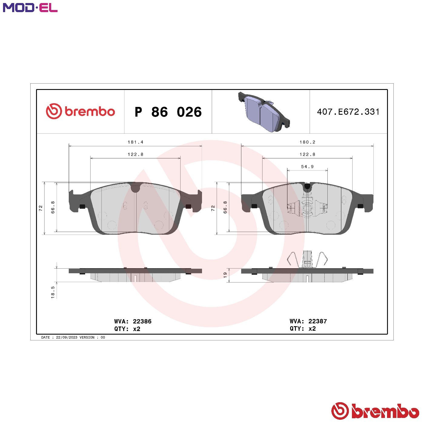 BRAKE PAD SET DISC BRAKE P 86 026 FOR VOLVO ASIA B 4204 T11 2.0L 4cyl XC60 2.0L