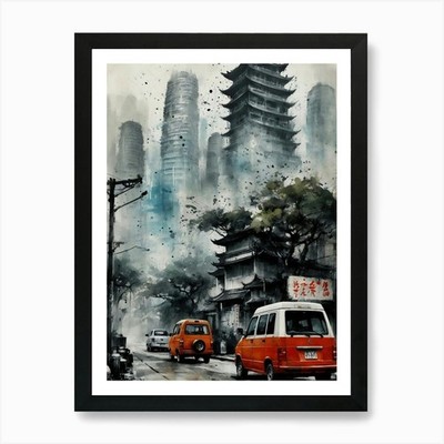 Chinesische Stadt Kunstdruck Gerahmtes Wandbild Poster Leinwanddruck Bild