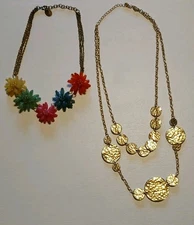 Lot of 2 Boho Statement Necklaces: Signed ZAD Floral & Hammered Gold-Tone Discs