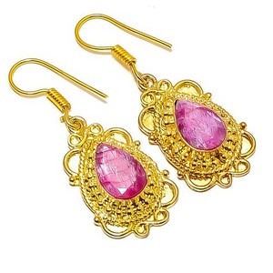 Authentic Ruby (Lab-Created) Gemstone 18k Yellow Gold Plated Earring 1.76" E7-418