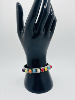 Vintage Unique Textured Silver Tone COLORFUL Cabochon 10mm Cuff Bracelet 7 