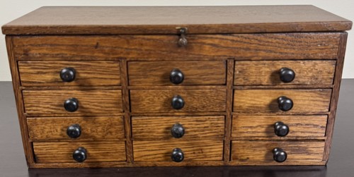 Antique Twelve Drawer Oak Watchmaker Chest / Box / Apothecary Cabinet Jewelry