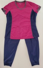 Butter-Soft Scrub Top And Pants Set Womens M Pink Blue Grey Pockets Side Slits