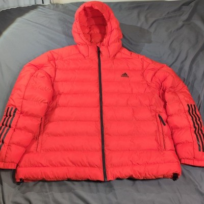 Adidas Jacket Mens 2XL Red Hooded Puffer 3 Stripe Insulated Winter DZ1415
