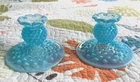 Set of 2, Vintage Fenton Blue Opalescent Hobnail Candlestick Holders!