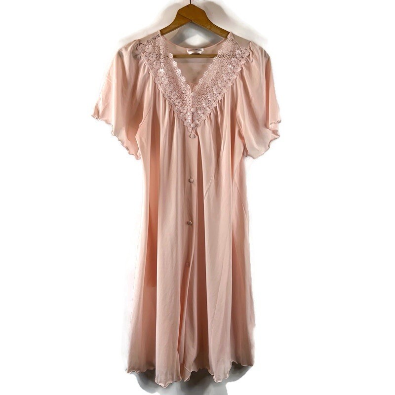 VTG Shadowline Womens Nightgown Size M Pink Button Up Lace V-Neck