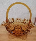 Vintage Colonial Thumbprint Fenton Amber Glass Basket 1960s ruffled edge 8”