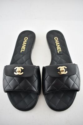 Chanel REV Black Turnlock Quilted Gold CC Logo Mules Slide Sandal
