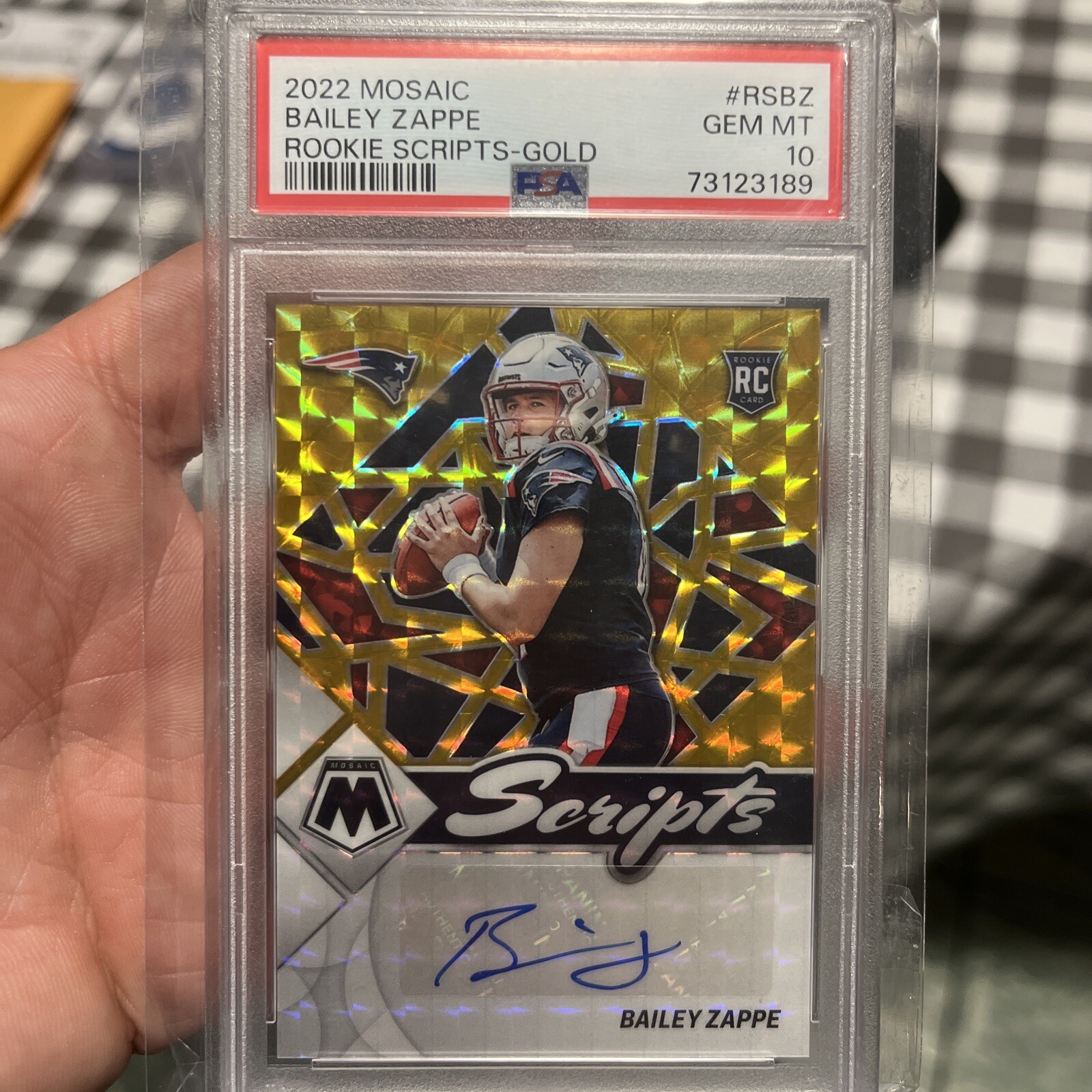 Bailey Zappe Panini Mosaic Rookie Scripts #RSBZ Gold