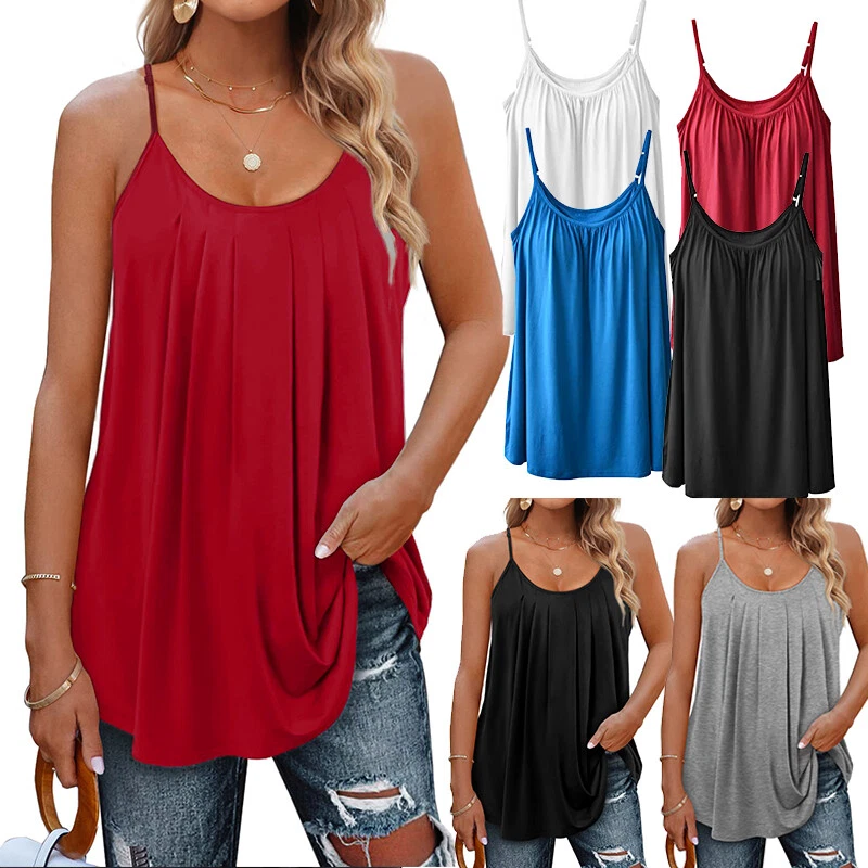 Women Camisole Built in Bra Flowy Tank Top Loose Fit Pleated Vest