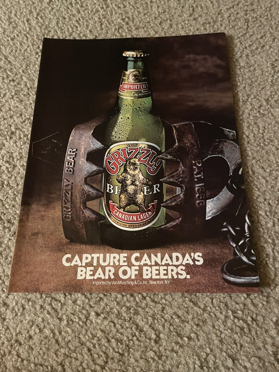 Vintage 1980 GRIZZLY CANADIAN LAGER BEER Bottle Print Ad 1980s